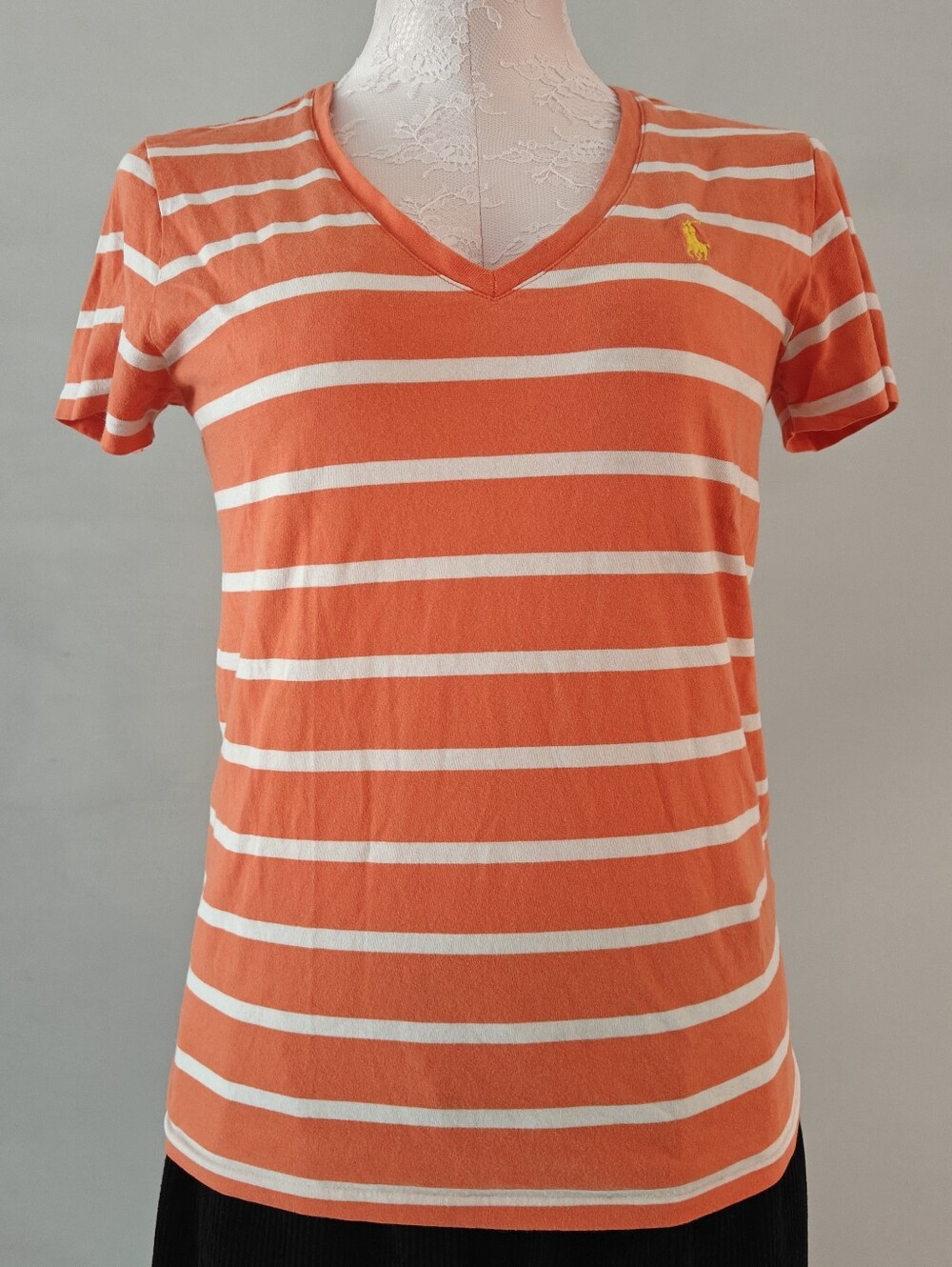 Ralph Lauren Sport Medium Orange White Striped V-Neck Tee Short Sleeve Cotton